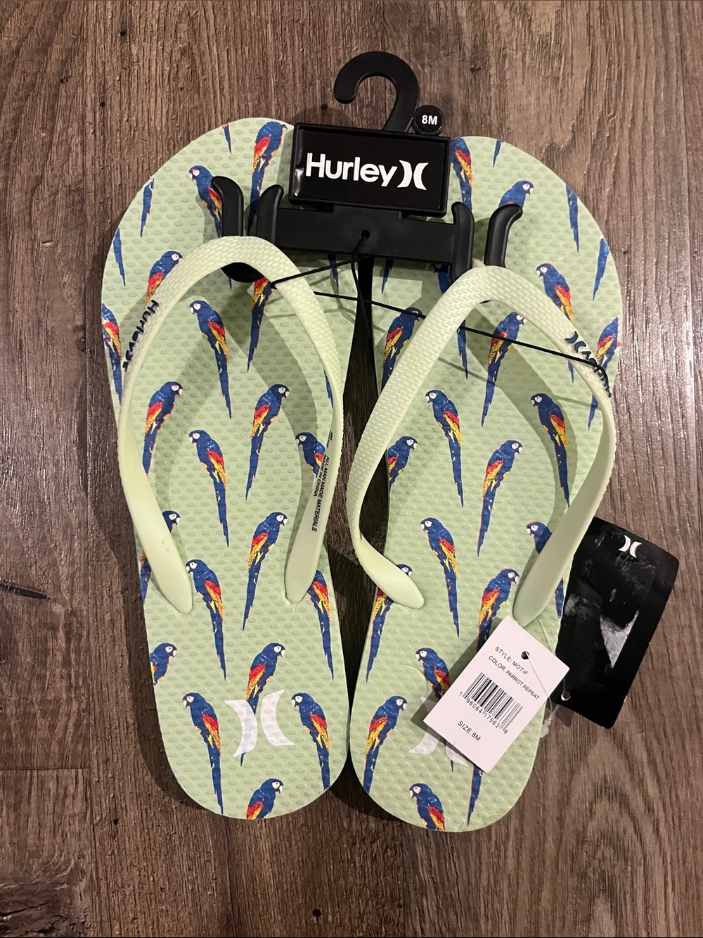 Hurley Light Green Flip Flops with Colorful Parrot Print